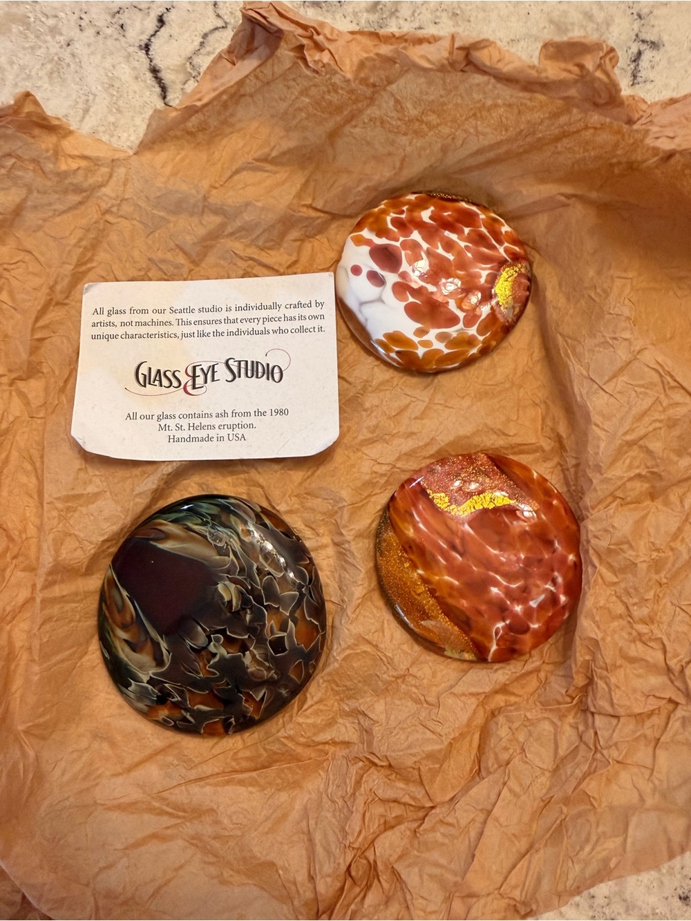 New Glass Eye Studio Mt St Helens Ash Art Glass Paperweight Set